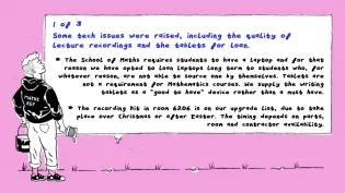 A cartoon image of a School of Maths student rep looking satisfying at a large billboard they have pasted up with SSLC feedback