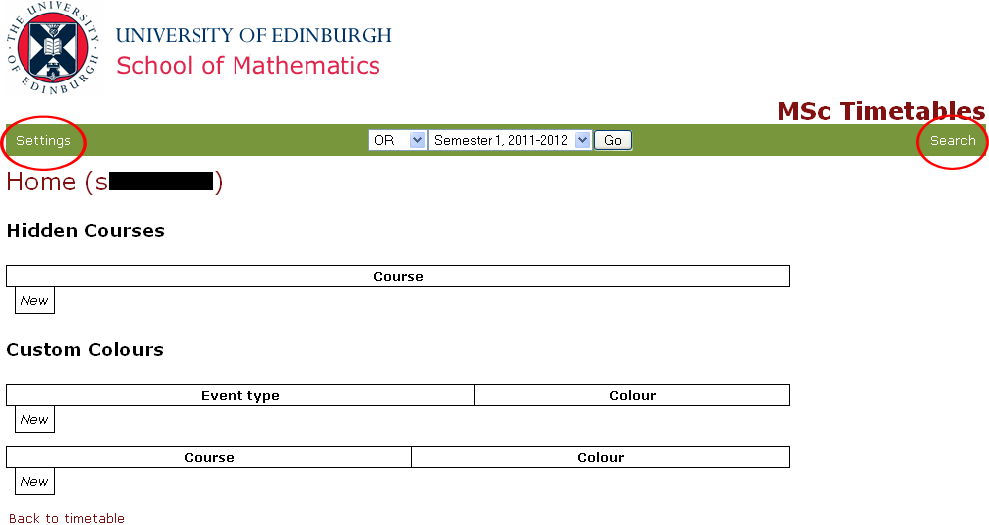 MSc timetable screenshot with settings and search circled